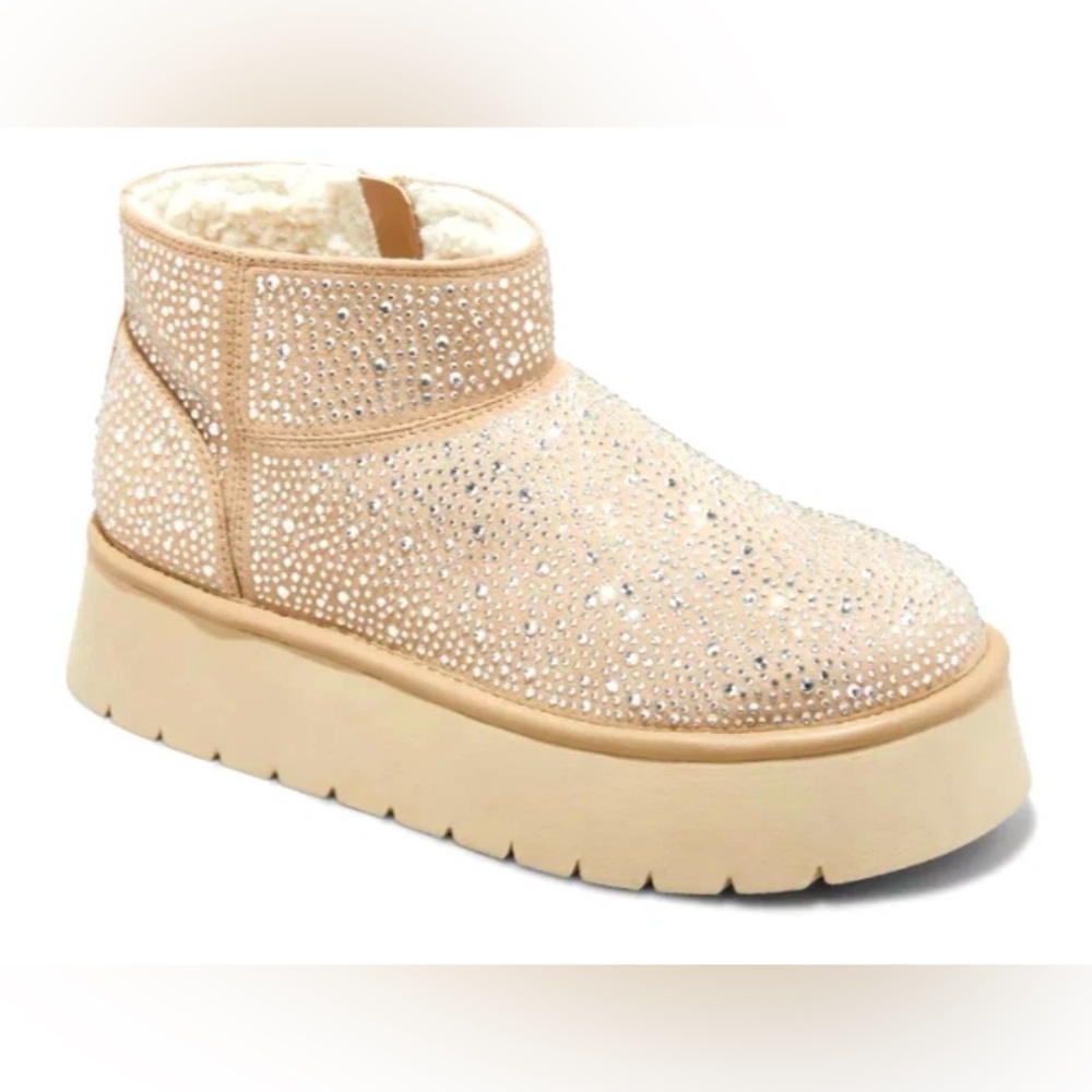 Brand new “Missy” platform rhinestone faux fur side zip boots